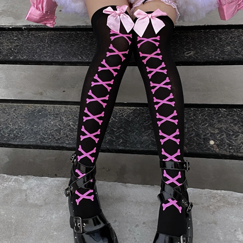 

JK девушки кости лук носки Хэллоуин уличная JK носки с принтом черепа девушки милый розовый Лолита колено носки длинные бедра Лолита Чулки