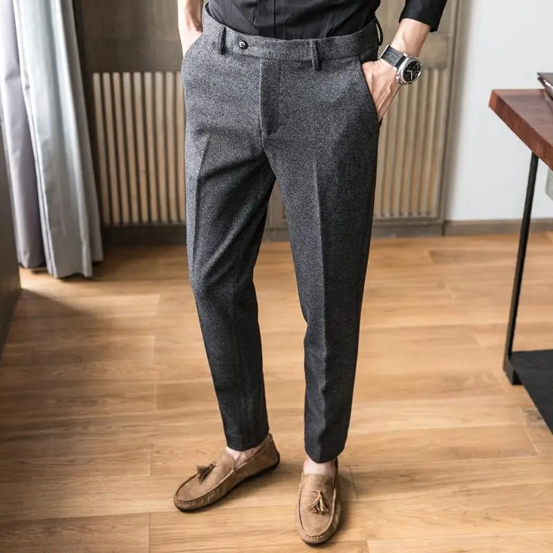 

2022 Men's Autumn Winter New Business Casual Office Pants Male Slim Fit Straight Pants Men Solid Color Woolen Suit Trousers L07