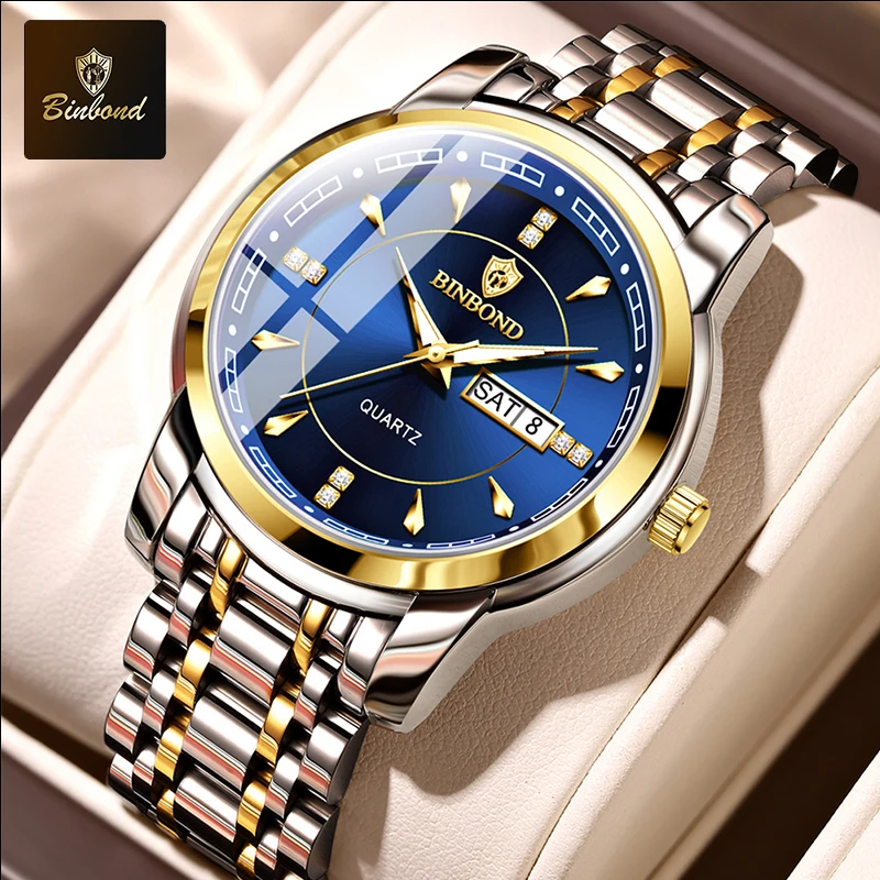 BINBOND Роскошные мужские часы из нержавеющей стали водонепроницаемые светящиеся