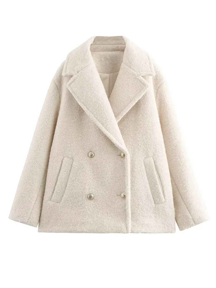 Женское двубортное шерстяное пальто с длинными рукавами и лацканами