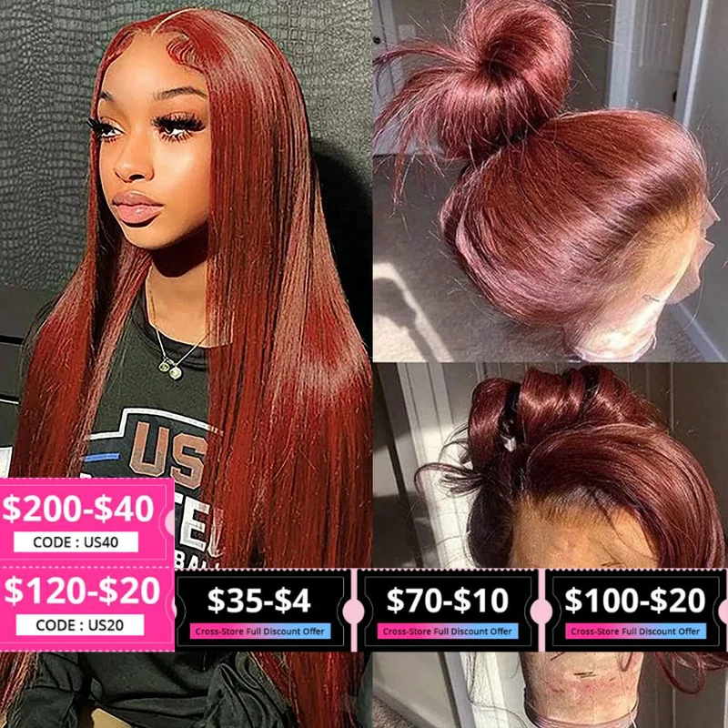 Reddish Brown Bone Straight 13x6 Hd Frontal Lace Wigs Human Hair 13x4 Lace Front Wig Pre Plucked Dark Red Brown 4x4 Closure Wig