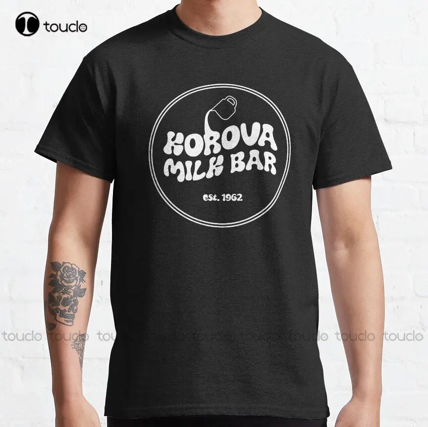 

Классическая футболка Korova с рисунком молочного бара, футболки с графическим принтом, индивидуальная футболка для подростков, унисекс, цифровая печать, фотоподарок