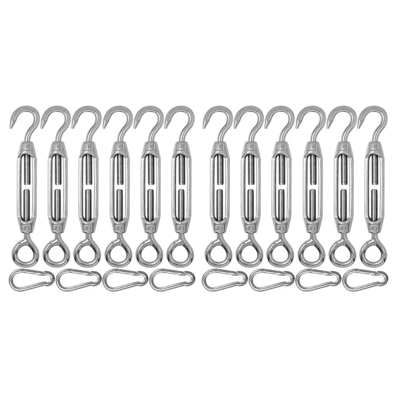 

12 Pieces Of 304 Stainless Steel M4 Eye & Hook Turn Buckle Wire Rope Tension + 8 Spring Hook - Silver Color