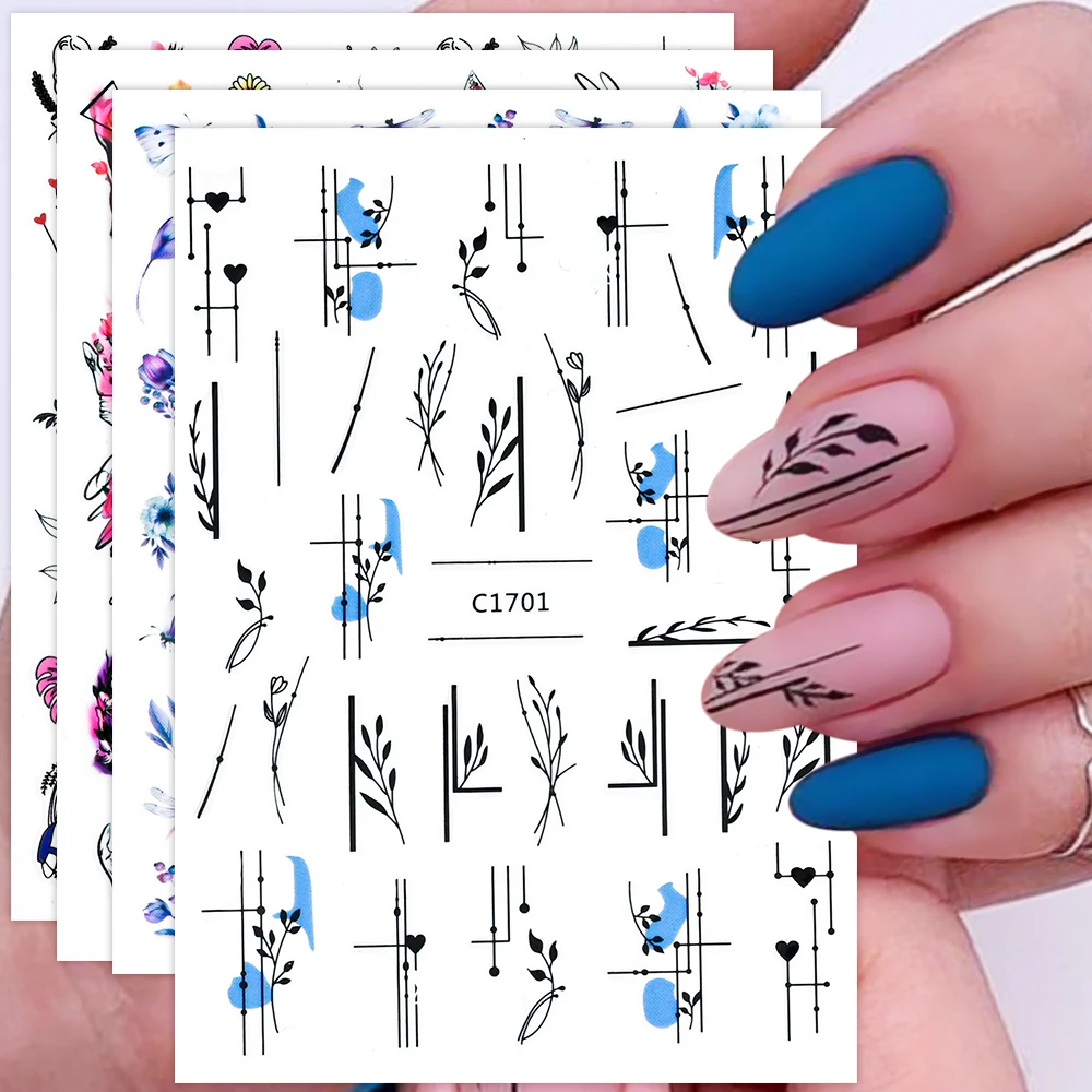 

1pcs 3D Flower Leaf Line Strips Nail Stickers Butterfly Abstract Face Bamboo Geometry Leopard Sliders For Nail Art Decoration