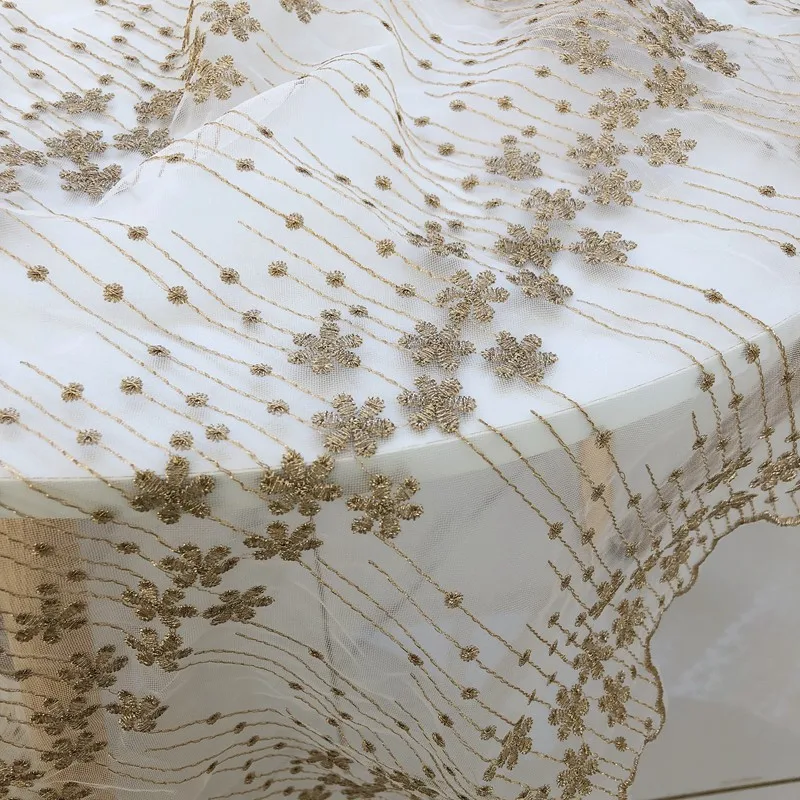 

One meter high quality gauze tissu Champagne gold embroidery fabric Handmade dress skirt wedding dress cloth tissus