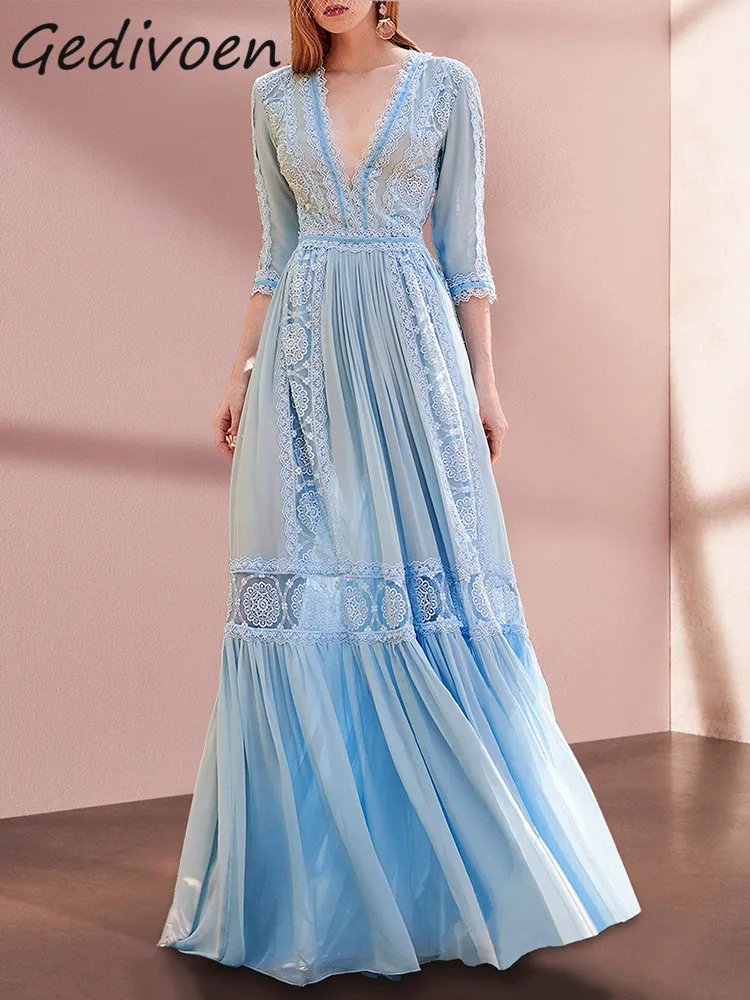Gedivoen Fashion Designer Summer Vintage  Chiffon Dress  Women's Party Lace V-neck High Waist  Splicing Blue Ruffles Long Dress