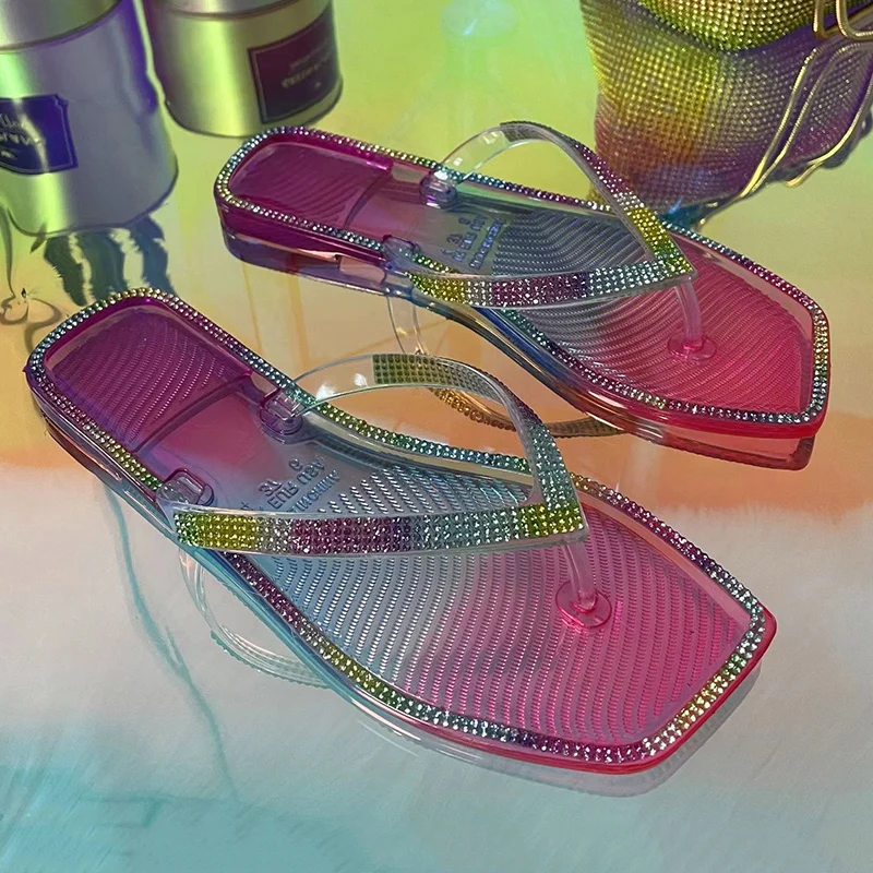

Rhinestone Sandals Women Beach Transparent Slippers Square Toe Flats Flip Flops 2022 Summer Jelly Slides Female Shoes Size 35-43
