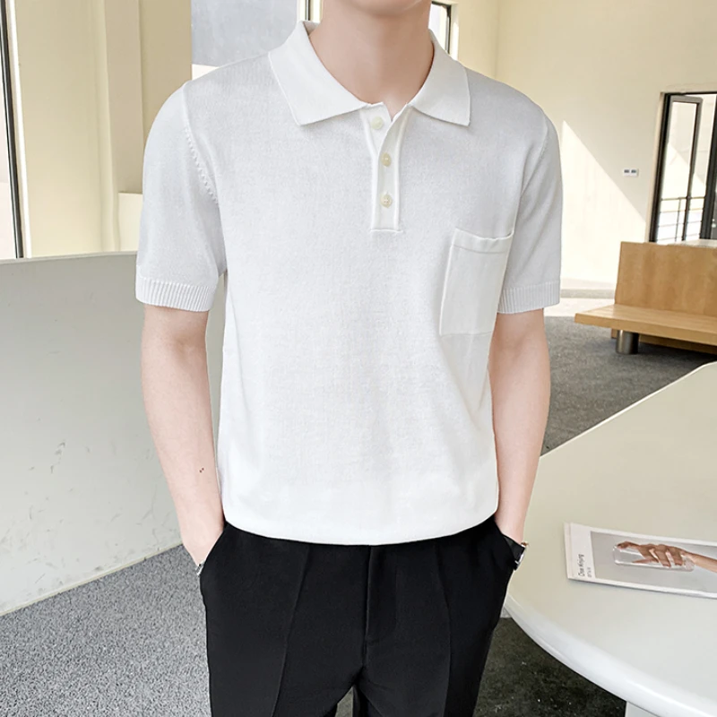 

Мужская Трикотажная футболка с отворотом в британском стиле, облегающие рубашки поло с коротким рукавом, модные повседневные деловые футболки-поло, уличная одежда