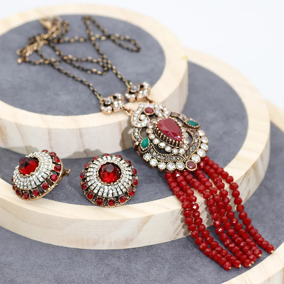 

Neovisson High Quality Jewelry Sets Natural Stone Round Hook Earring Long Tassels Pendant Necklace Women Handmade Bead Accessori