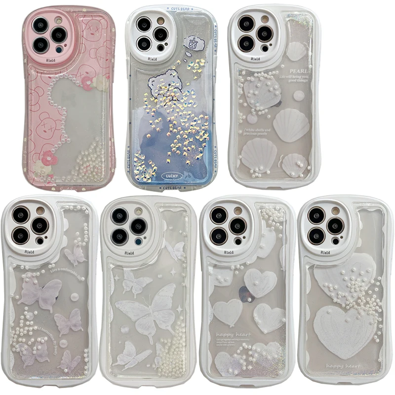 

Cute Glitter Liquid Quicksand Pearl white Phone Case For iphone 13 12 11 Pro XS Max XR X TPU Shockproof transparent Full Coverag