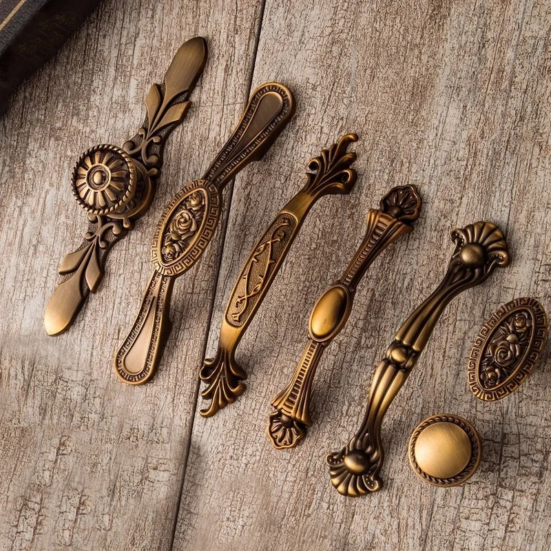 

Yellow Bronze Door Handles Noble Antique Drawer Pulls Vintage Kitchen Cabinet Handles and Knobs Retro Furniture Handles