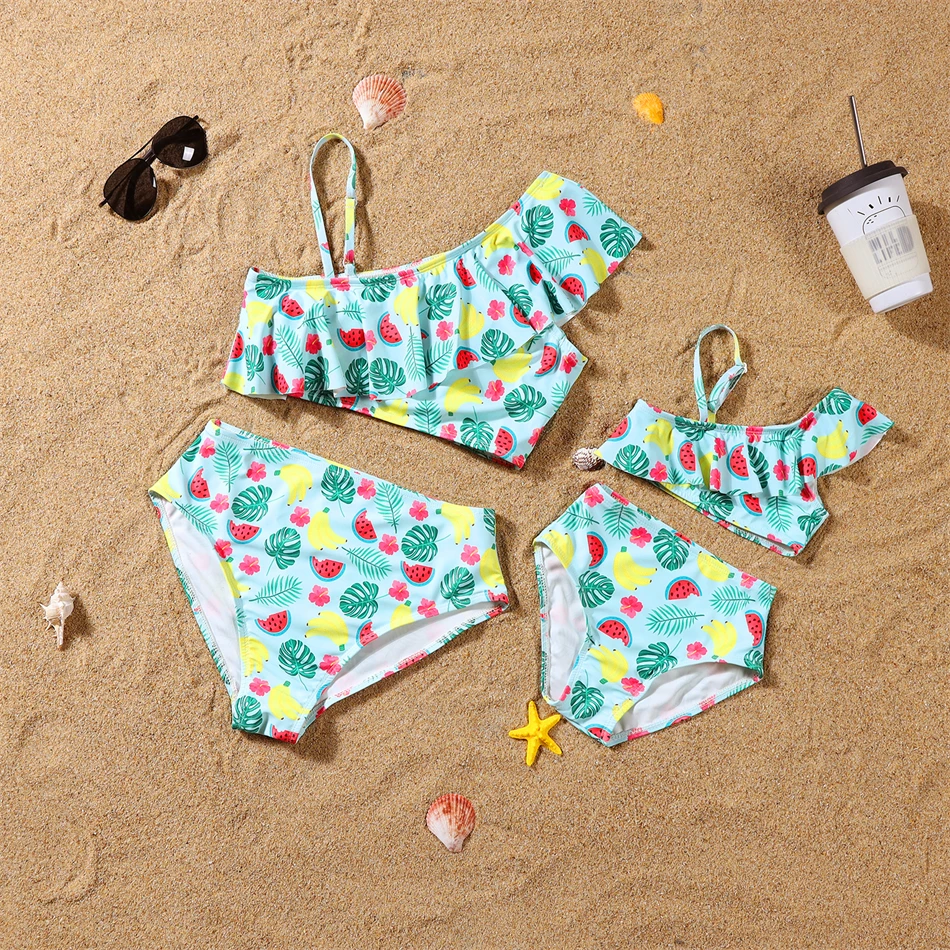 

Oblique Shoulder Mother Daughter Swimsuits Family Set Fruits Mommy and Me Matching Swimwear Women Girls Bikini Dresses Clothes