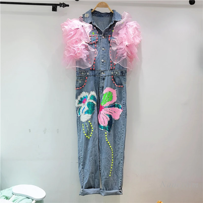 Denim Jumpsuit Women 2022 Spring and Summer New Heavy Embroidery Sequins Flower Rhinestone Mesh Stitching Flying Sleeves Outfits