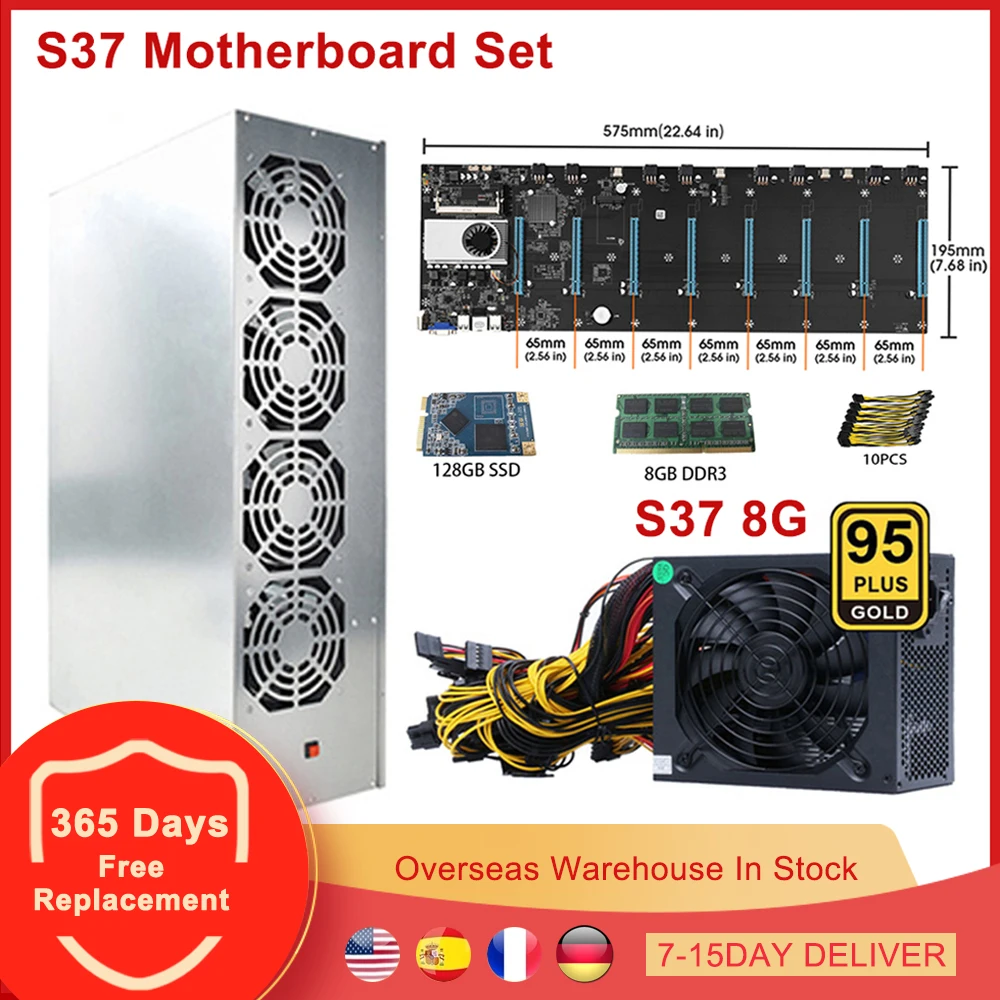 

BTC S37 Motherboard Set Miner Case Mining Rig Frame Chassis 2600W PSU Power Supply 8 Graphics Card 4GB 8GB DDR3 128GB SSD