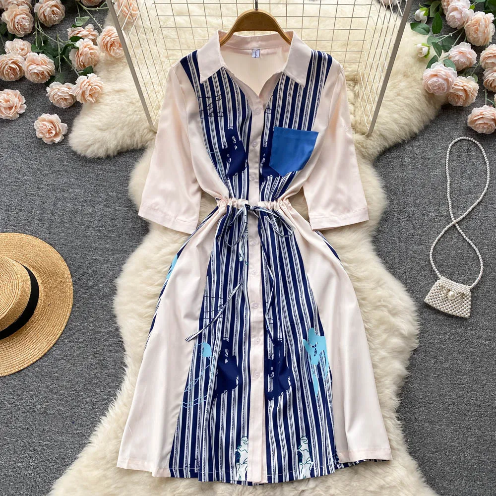 

Женское платье-рубашка с принтом, платье с воротником-поло и поясом, лето 2022