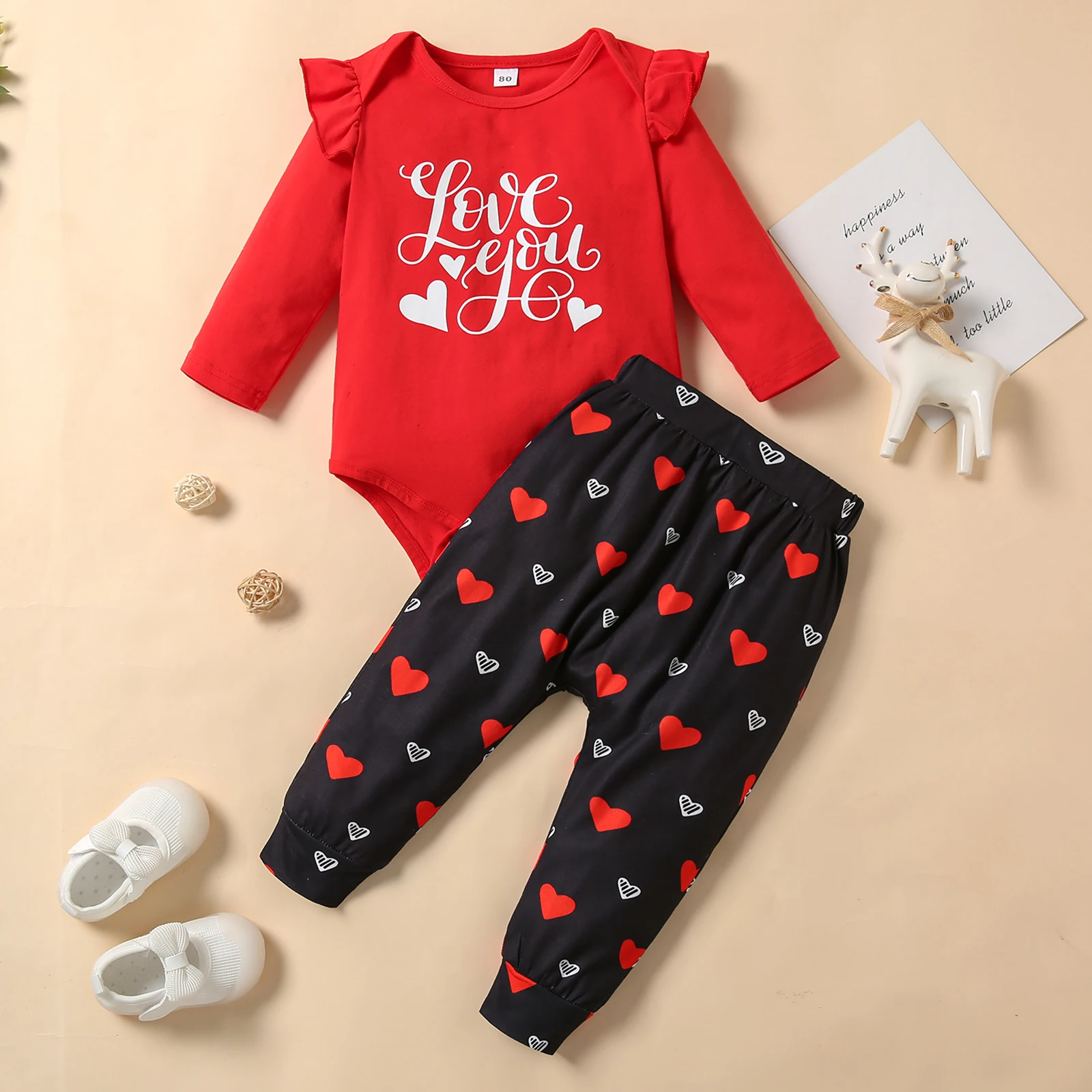 

0-24 Months Infant Baby Girls 2 Outfit Letter Print Ruffles Long Sleeve Romper + Heart Print Long Pants Valentine's Day Set