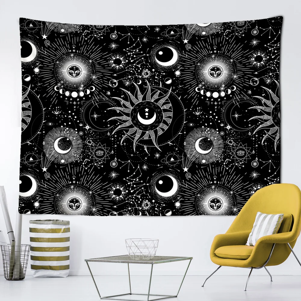 

Black and White Sun Face Tarot Tapestry Wall Hanging Psychedelic Magic Bohemian Hippie Sci-Fi Home Room Decoration