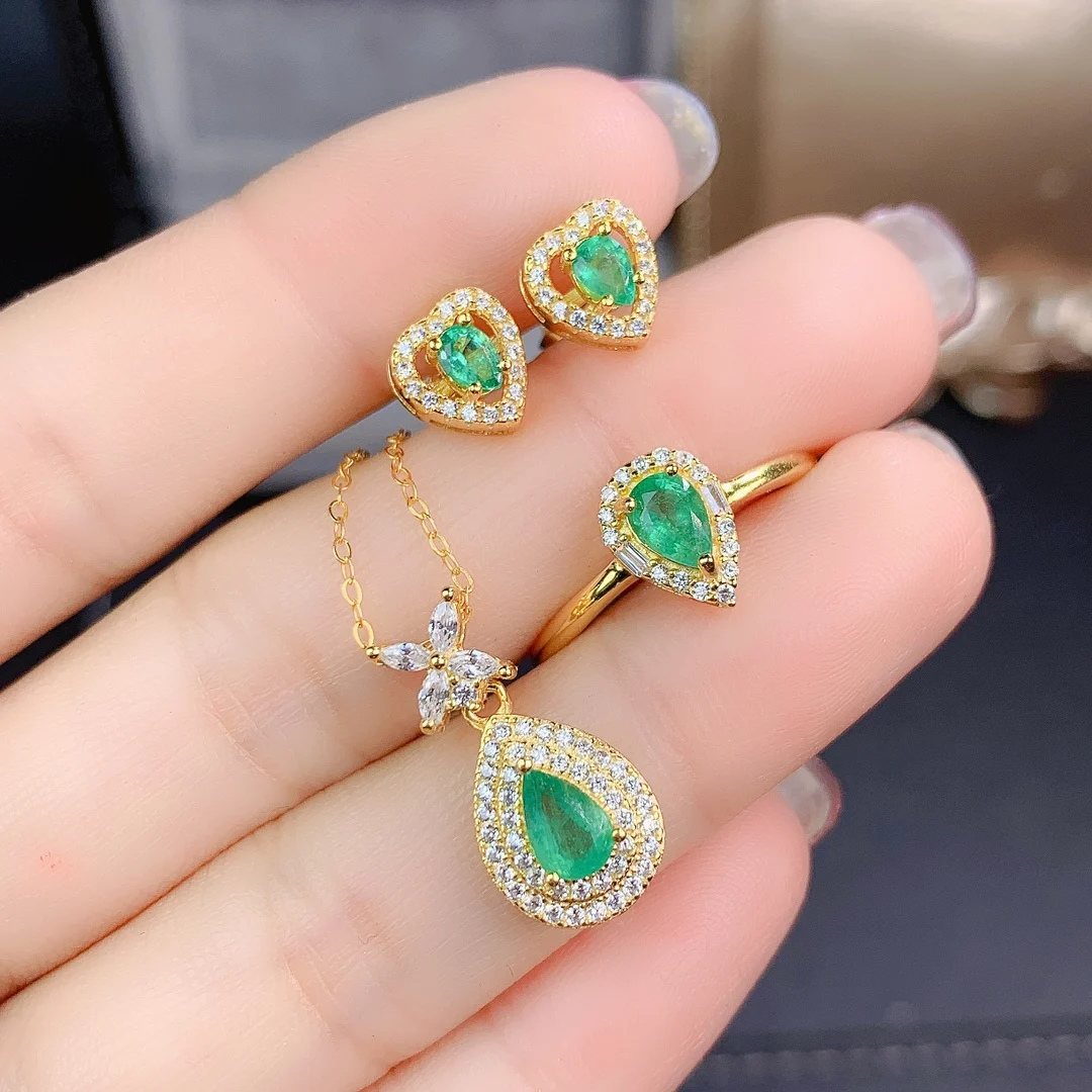 Женский ювелирный комплект из серебра 925 пробы, с натуральным изумрудом