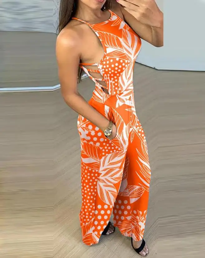 

Women's Jumpsuit 2023 Summer Fashion Polka Dot Leaf Print Halter Sleeveless Ladder Cutout Pocket Design Daily Vacation Jumpsuit