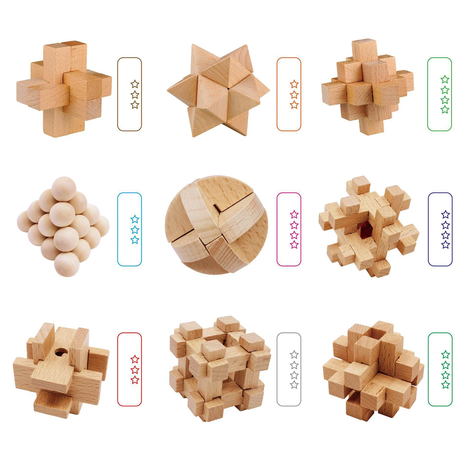 9PCS/SET Design IQ Brain Teaser Kong Ming Lock 3D Wooden Interlocking Burr Puzzles Game Toy Bamboo Small Size For Adults Kids | Игрушки и