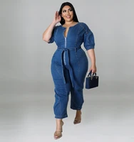 plus size women jean jumpsuits summer zipper v neck one piece outfits fashion bodycon solid jumpsuits lady sexy fall denim pants