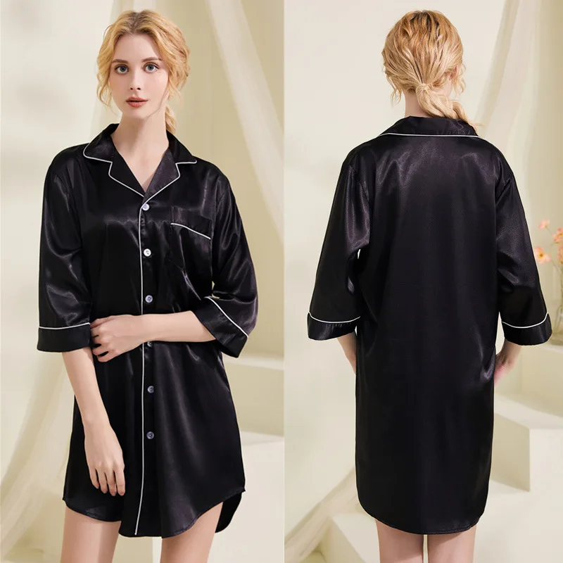 

Lapel Nightdress Summer Women Nightgown With Buttons Satin Sleepwear Home Wear Clothing Lady Robe Nightshirts Loungewear