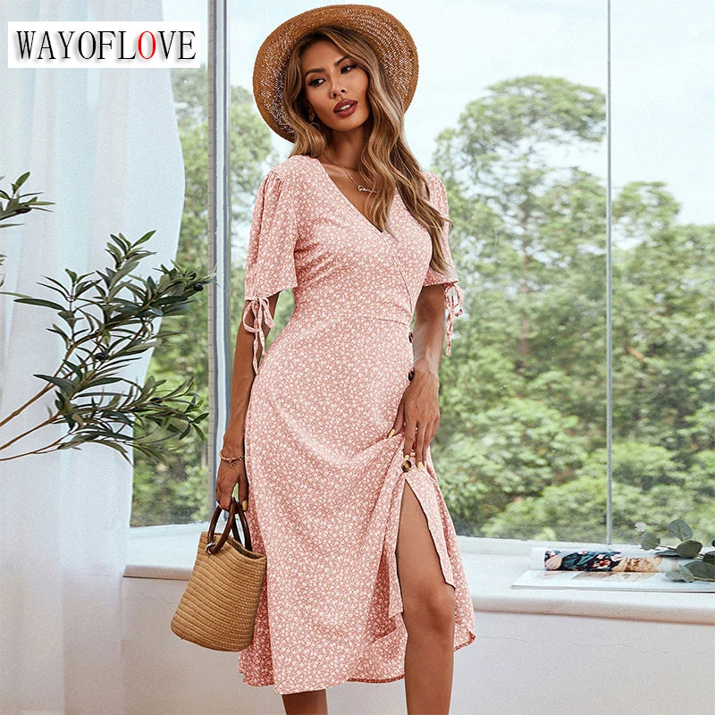 

WAYOFLOVE Summer Vintage Woman Sexy Split Long Dress Casual Beach Puff Sleeve Button Floral Print Vestidos Elegant Dresses Party