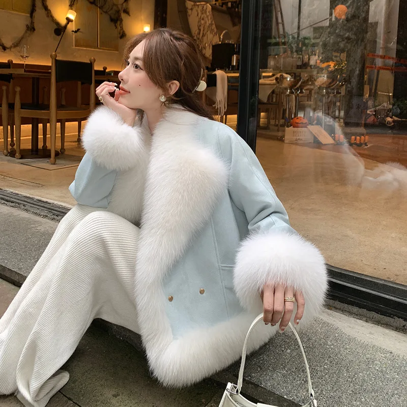 

Новинка Зима 2023, женское короткое замшевое пальто из искусственной лисьего меха