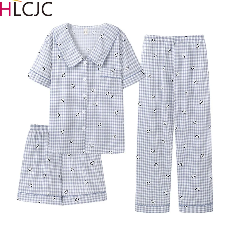 

Новинка 2023, Женский мягкий пижамный комплект с милой пандой, женская одежда для сна, комплект в клетку для спальни, женская одежда для дома из 3 предметов, короткие костюмы с шортами