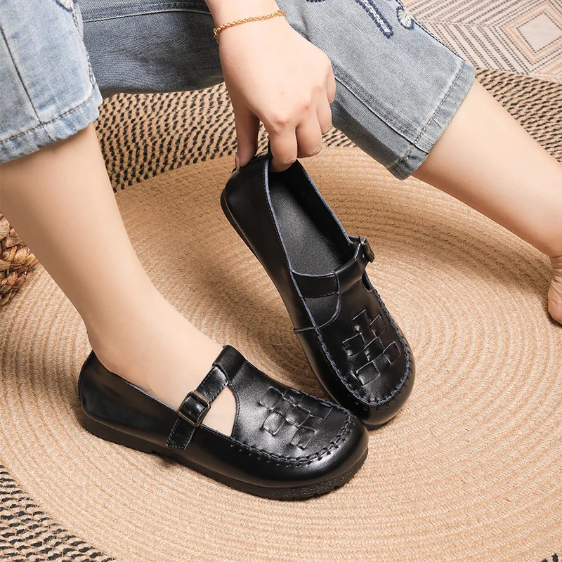 2023 black moccasins for women summer T strap designer shoes flats woman woven loafers buckle genuine leather wide ballet flats