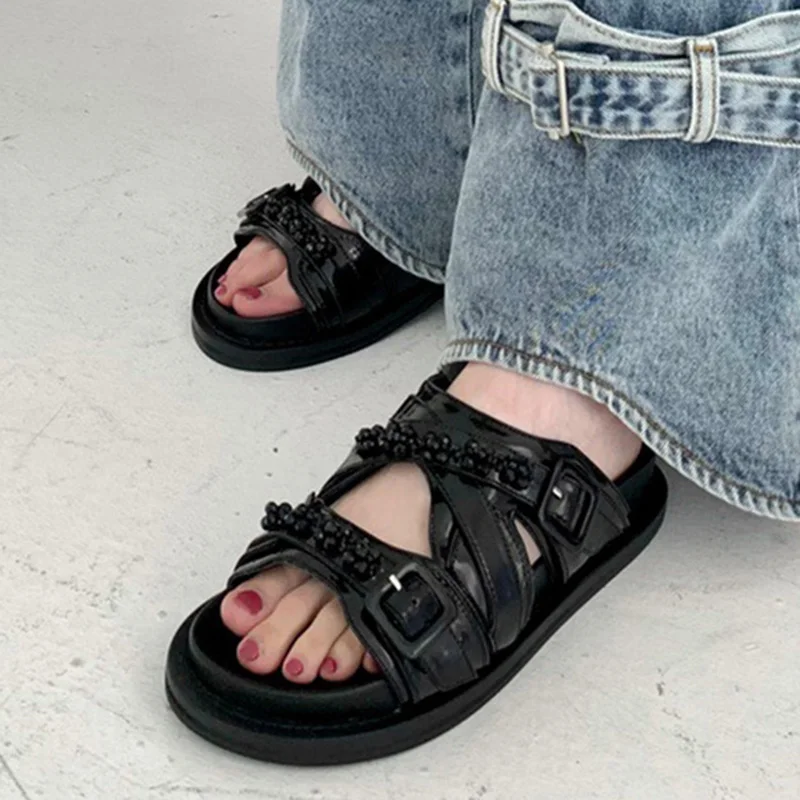 

Summer Fashion Collection Genuine Leather Rhinestones Vintage Romantic Women Slippers Buckle Strap Cross Vamp Design Fairy Shoes