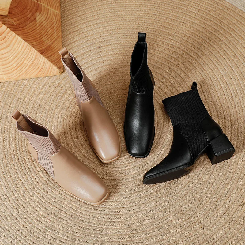 

Patchwork Stretch Botte Femme Modern Ankle High Boots Square Toe Thick Heels Slip-on Women Shoes Outdoor Zapatos Mujer