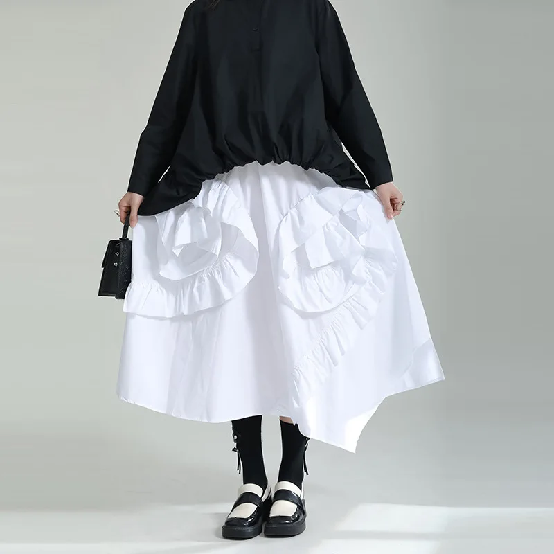 

2023 Design Ruffle Irregular Skirt Women's Color Contrast Skirt With Three-dimensional Flowers