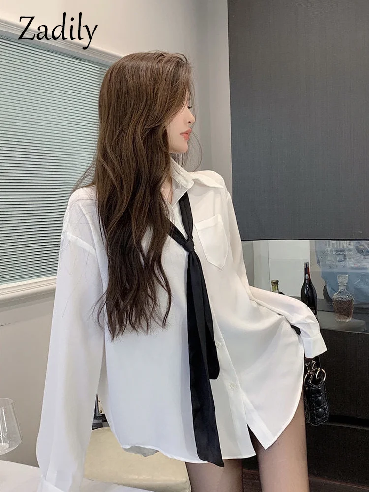 

Summer Minimalist Style Long Sleeve White Shirt Women Sexy Oversize Tie Ladies Blouse Casual Female Clothing Tops