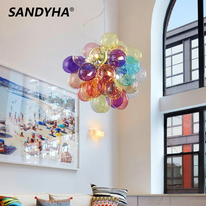 

SANDYHA Post-modern Colorful Glass Ball Chandeliers Glossy LED Decor Indoor Hanging Lighting Dining Living Bedroom Pendant Lamps