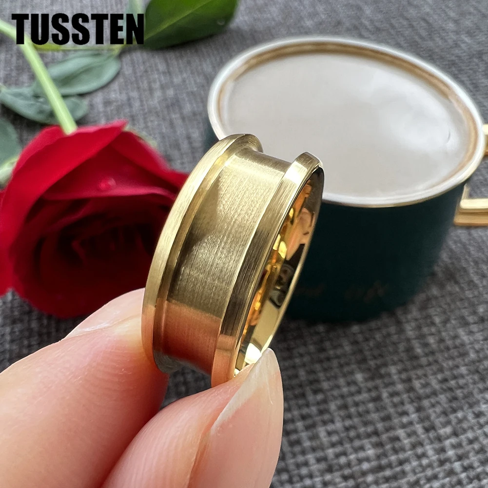 

TUSSTEN Wholesale Dropshipping 8MM Gold Color Tungsten Channel Ring Dome Band Blanks 5.0 Groove Brushed Finish