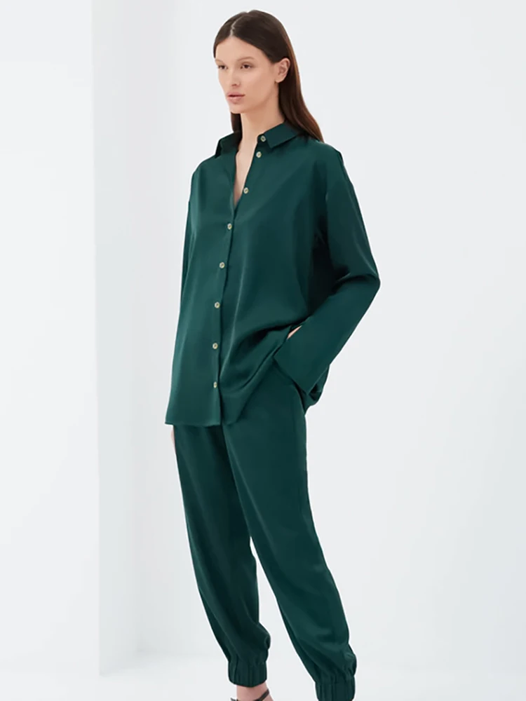 

Restve Loose Home Clothes For Women 2 Piece Set Green Long Sleeve Turn Down Collar Tops Casual Pants Summer Suit Female 2022