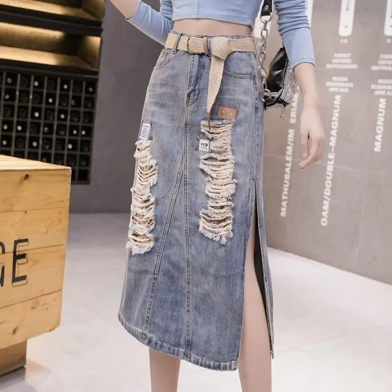 

Юбка женская джинсовая эластичная до щиколотки, повседневная облегающая модная ажурная из денима с завышенной талией в стиле ретро, G464