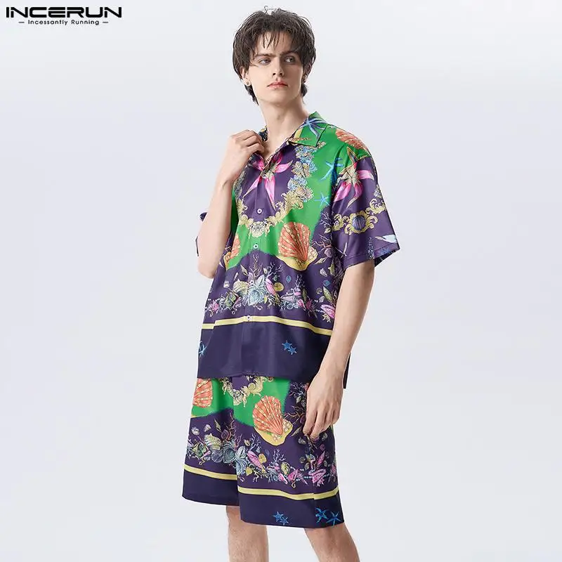 

INCERUN Men Sets Printed Vacation Summer Lapel Short Sleeve Shirt & Shorts 2PCS Streetwear Loose Casual Men Hawaiian Suits S-5XL