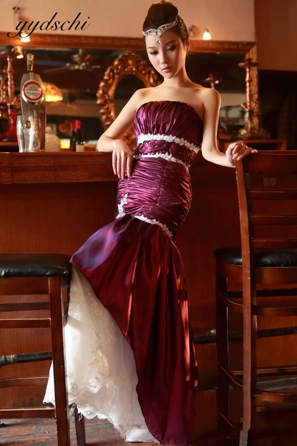 

Sexy Puple Mermaid Strapless Crystals Beading Lace Appliques Long Evening Party Dresses Ruched Custom Made Prom Gowns For Women