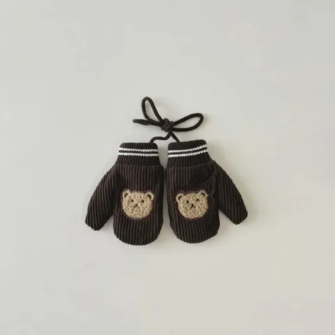 Детские теплые варежки из хлопка и вельвета с медведем