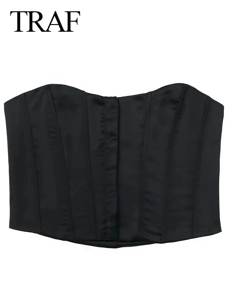 

TRAF Tube Top Women Vest Sleeveless Strapless Solid Color Black Tight Slim Sexy Short Tank Top Front Buckle Fashion Clothing