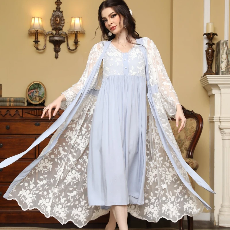 

Spring Loose Cotton Night Dress Gown and Robe Sets Pijamas Nightwear Sexy Lace Sleepwear Vintage Embroidery Loose Night Dress