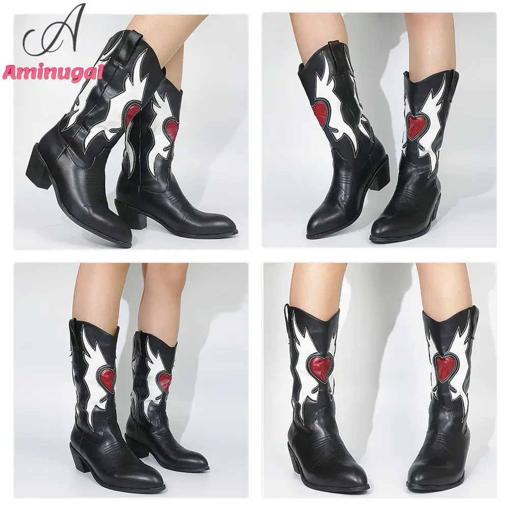 Cowboy Western Boots Love Heart Mid Calf Boots For Women 2023 Cute Cowgirls Chunky Heel Vintage Fashion Punk Western Boots Women