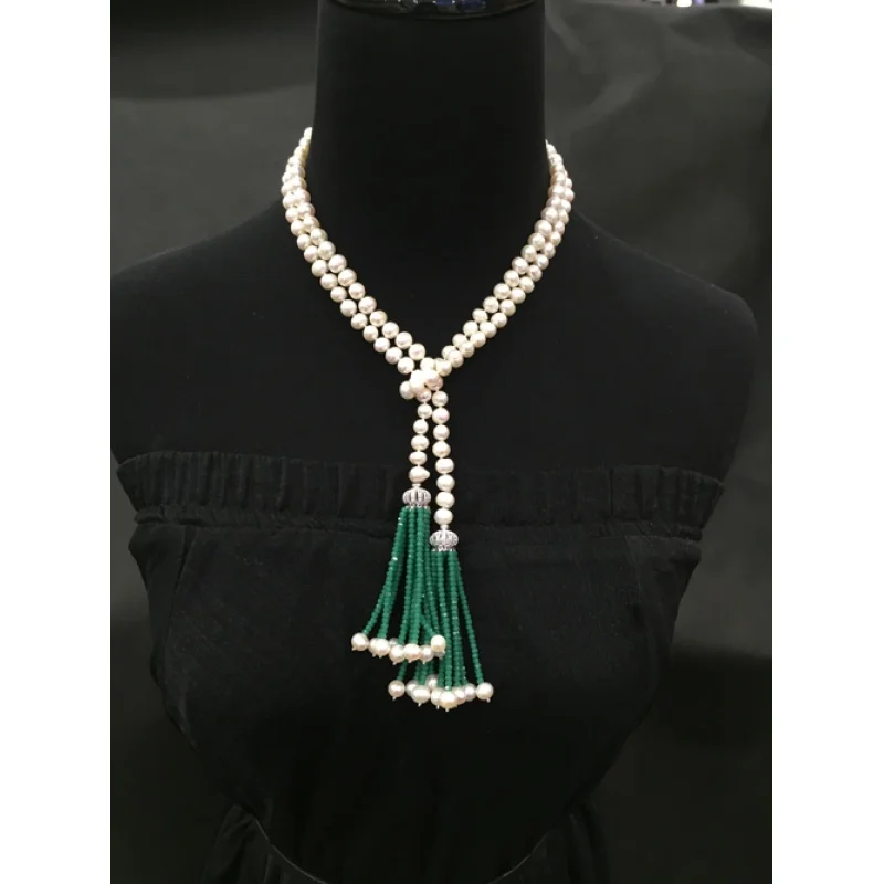 Ожерелье-цепочка длинное с натуральным жемчугом колье длиной 7-8 мм белый