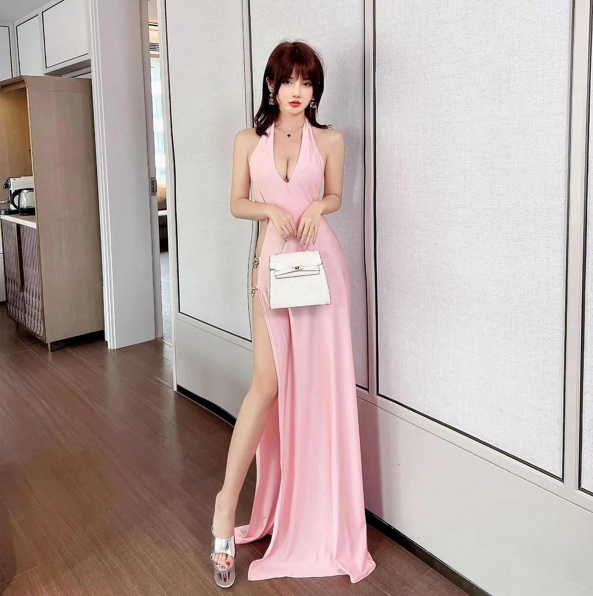

2023 Summer New Sexy Dress Deep V Low Cut Open Back Hanging Neck Long Night Show Car Model Evening Female