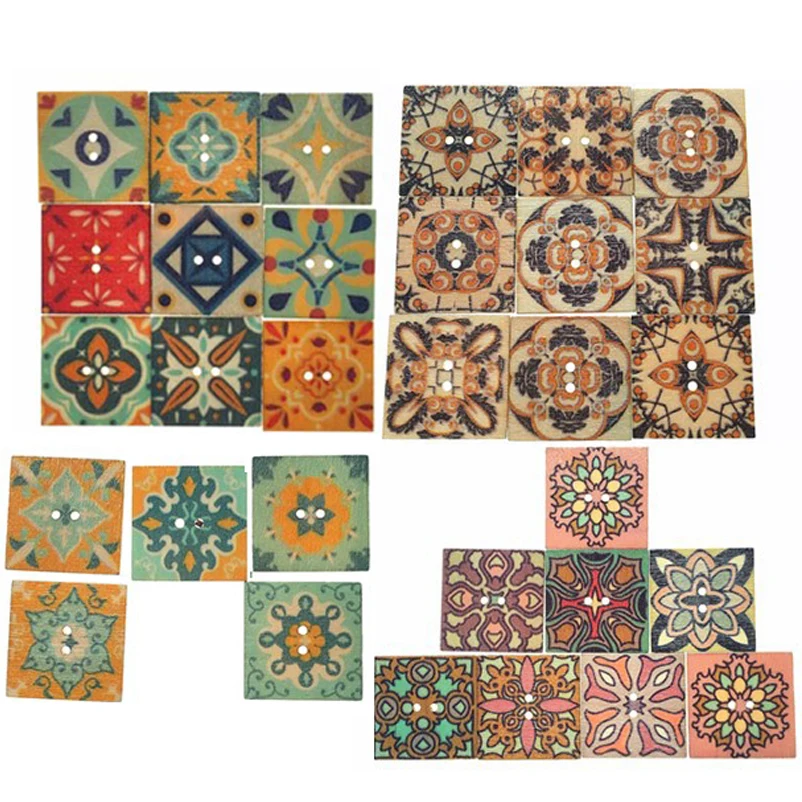 

50PCS Square Retro Painting Series Wood Buttons Handwork Sewing Scrapbook Clothing Crafts Accessories Gift Card 20-25mm