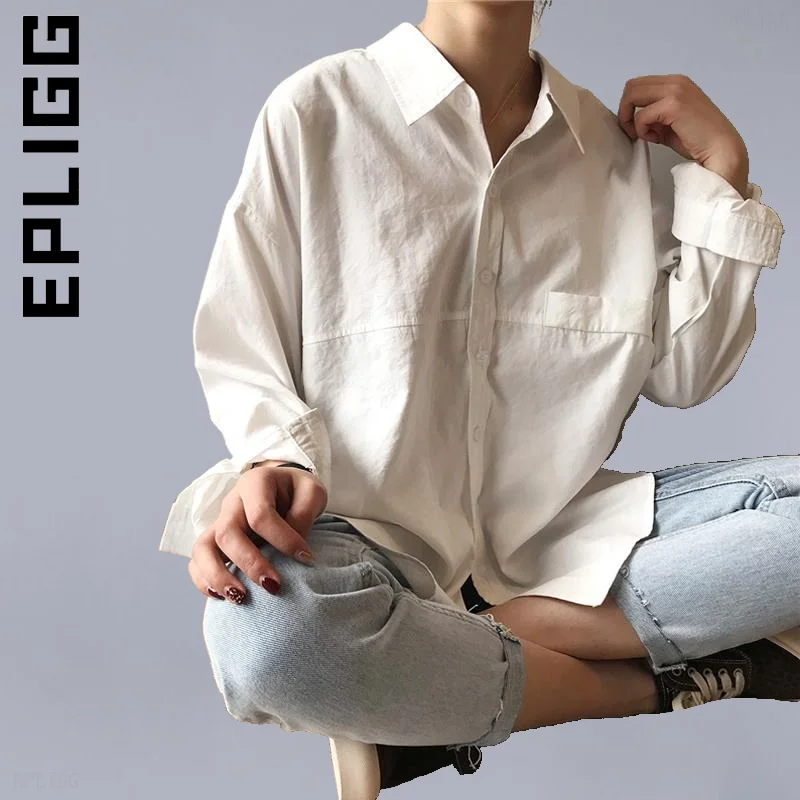 

Epligg Women Fashion Shirt Slim Long Sleeve Basic Women Ladies Turn-down Collar Solid Minimalist Shirts New Retro Tops Female