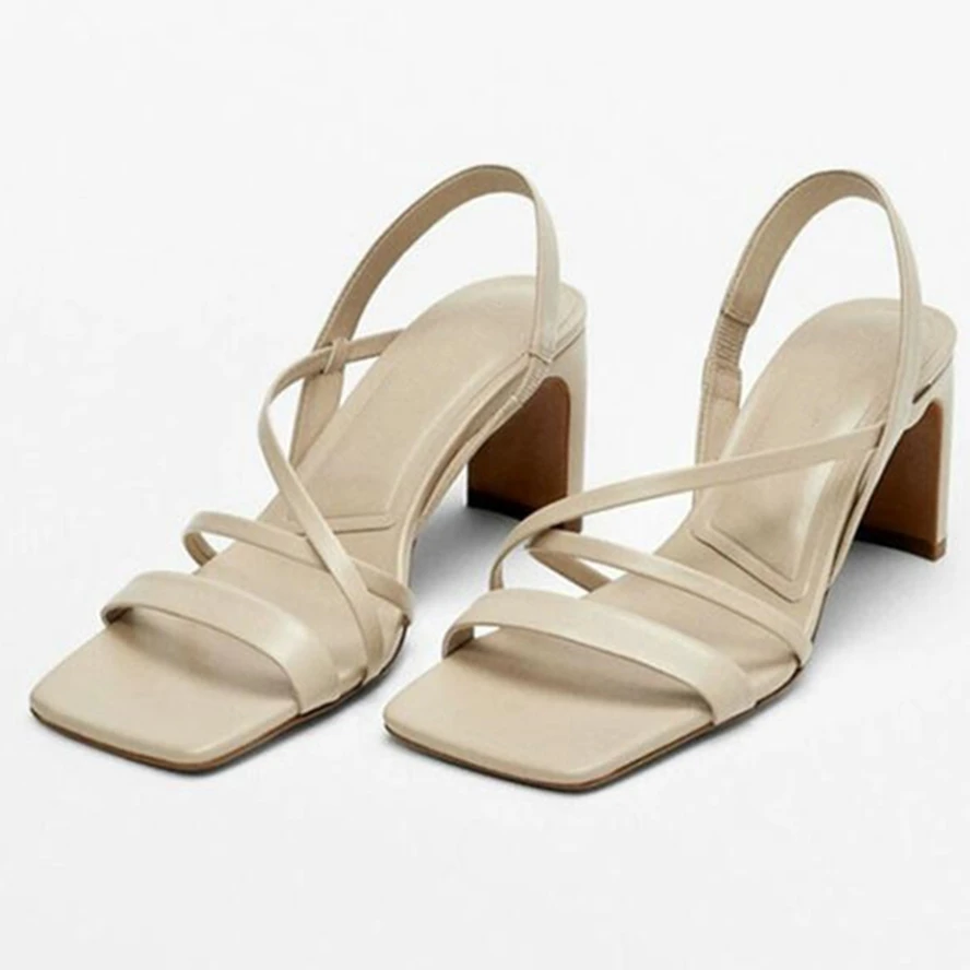 Dave&Di  French Fashion Ladies  Leather High-Heeled Commuter Sandals Beige Simple Casual Sandals Women  Summer