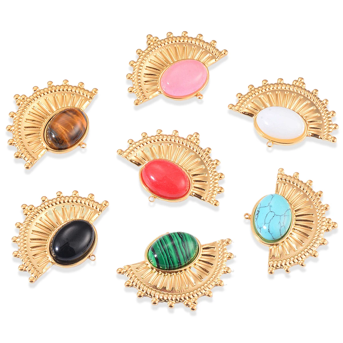 2pcs Stainless Steel Natural Stone Fan Shape Gold Plated Boho Charms Pendants for DIY Jewelry Making Earrings Craft Accessories